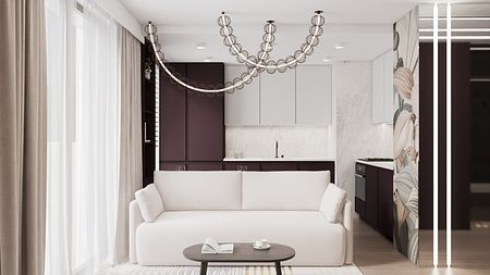 Wnętrze salonu z białą sofą, ciemnymi meblami, styl glamour, nowoczesny, quiet luxury, współczesny.