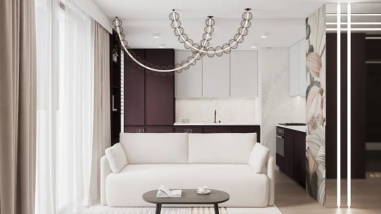 Wnętrze salonu z białą sofą, ciemnymi meblami, styl glamour, nowoczesny, quiet luxury, współczesny.
