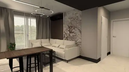 Salon z jasną sofą, drewnianym stołem i rośliną w doniczce, nowoczesny design