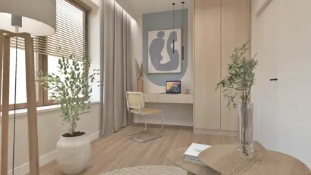 Wnętrze biura w stylu boho, japandi, minimalistycznym z roślinami.