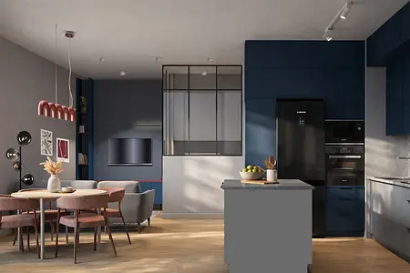 Wnętrze kuchni z niebieskimi meblami i minimalistycznymi akcentami, soft minimalizm