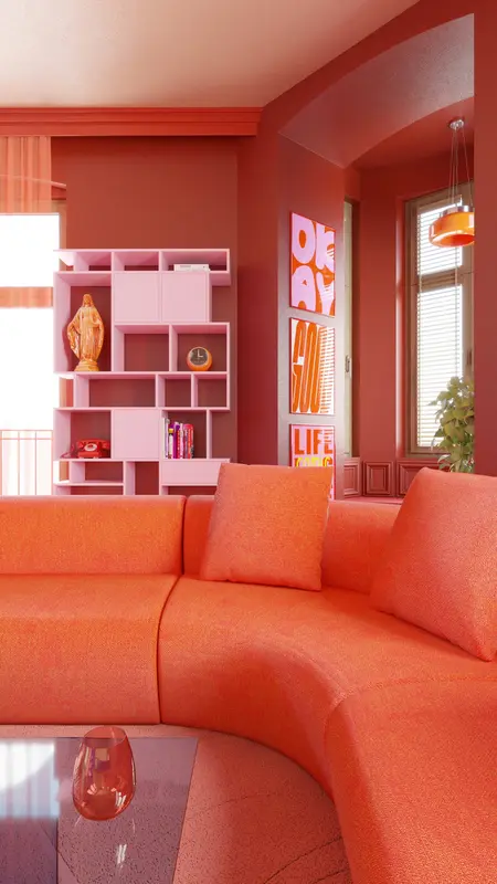 Wnętrze salonu z pomarańczową sofą i różowymi elementami, styl dopamine decor.