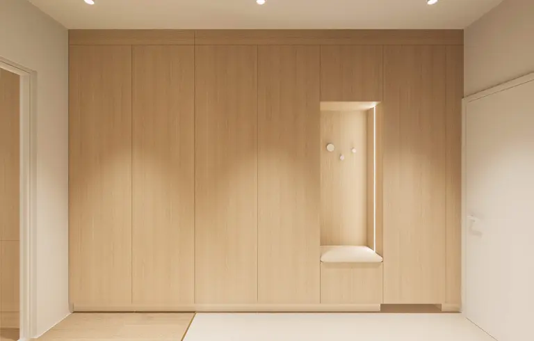 Przedpokój w stylu japandi z minimalistycznym umeblowaniem i nowoczesnymi detalami.