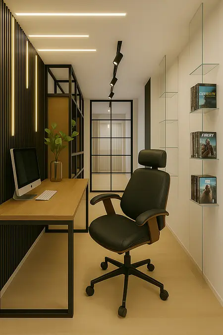 Wnętrze gabinetu z biurkiem, czarnym fotelem i półkami w stylu industrialnym.