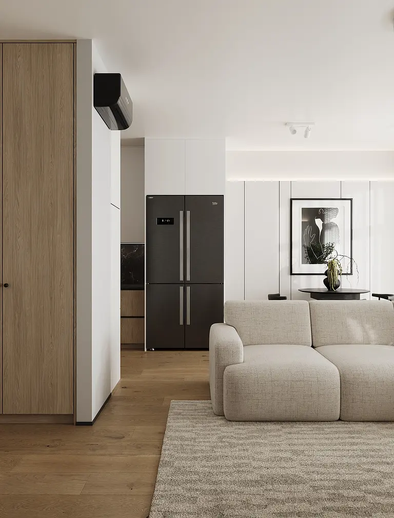 Wnętrze kuchni w stylach industrialnym, japandi, minimalistycznym, nowoczesnym.
