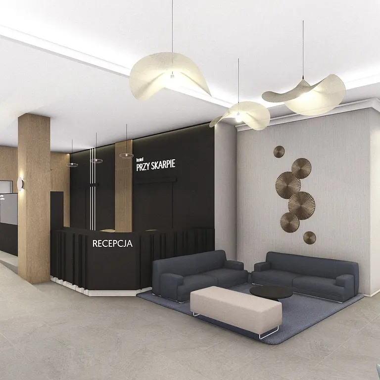 Recepcja hotelowa w stylu industrialnym i minimalistycznym z ciemnymi meblami.