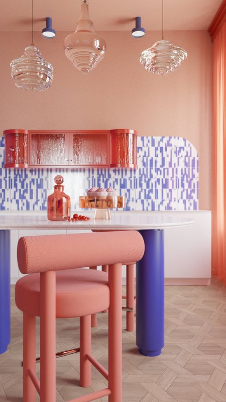 Wnętrze kuchni w stylu dopamine decor z różowymi meblami i niebieskimi akcentami.