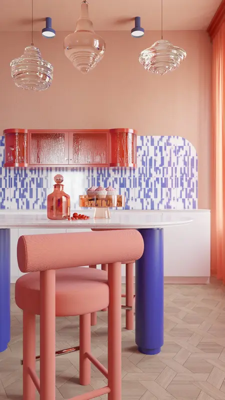 Wnętrze kuchni w stylu dopamine decor z różowymi meblami i niebieskimi akcentami.