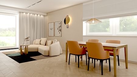 Wnętrze salonu w stylu japandi i minimalistycznym z beżowymi meblami i dużymi oknami.