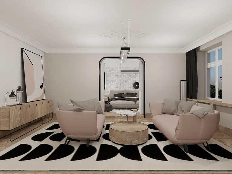 Wnętrze salonu w stylu art deco i soft minimalizm z różowymi sofami i drewnianymi elementami.