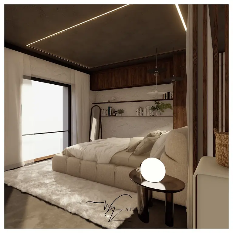 Wnętrze sypialni z elementami glamour i industrialnymi, nowoczesny projekt