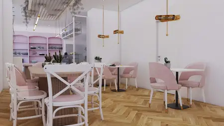 Wnętrze jadalni z różowymi krzesłami i drewnianym stołem, styl dopamine decor.