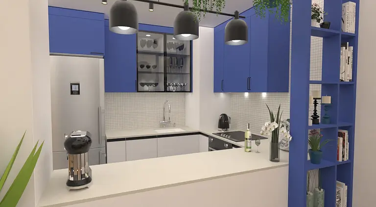 Kuchnia z niebieskimi meblami, białym blatem i akcentami w stylu dopamine decor, soft minimalizm, tradycyjny.
