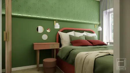 Sypialnia w stylu boho i eklektycznym z zieloną ścianą i meblami