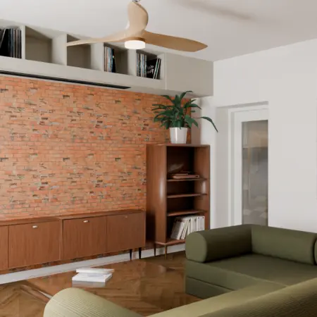 Wnętrze salonu w stylu vintage z ceglaną ścianą i drewnianymi meblami.