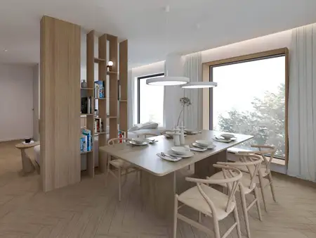 Wnętrze jadalni w stylu japandi i minimalistycznym z drewnianym stołem.
