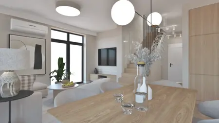 Wnętrze salonu z elementami boho, japandi i minimalistycznymi