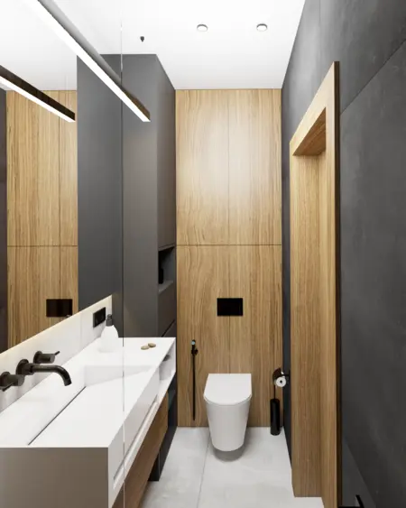 Nowoczesna toaleta z drewnianymi i szarymi elementami, minimalistyczny design