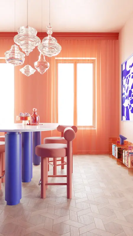 Wnętrze jadalni z różowymi meblami i niebieskimi detalami w stylu dopamine decor.