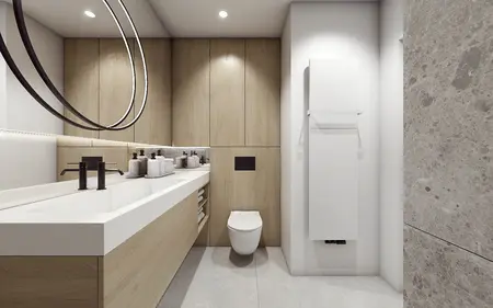 Nowoczesna łazienka w stylu minimalistycznym z drewnianymi elementami