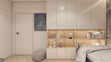 Wnętrze pokoju z minimalistycznymi meblami i nowoczesnymi detalami.