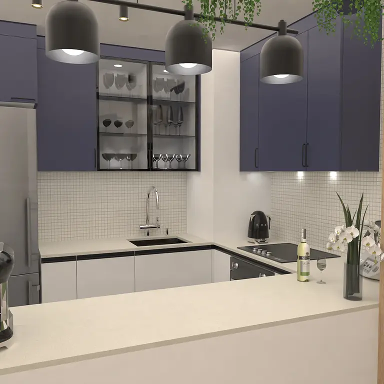 Kuchnia w stylu dopamine decor i soft minimalizm z granatowymi meblami