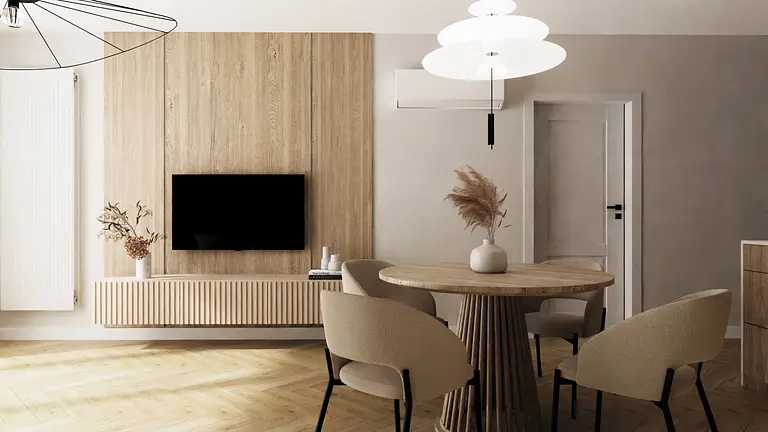 Wnętrze salonu w stylu glamour, japandi i minimalistycznym z drewnianymi elementami i nowoczesnym oświetleniem.