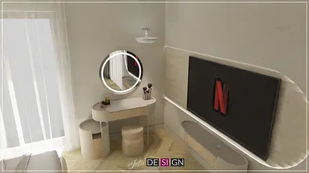 Wnętrze z lustrem, telewizorem i minimalistycznymi meblami, styl boho, dopamine decor, eklektyczny