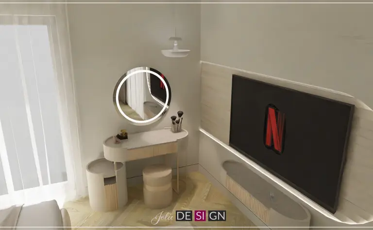 Wnętrze z lustrem, telewizorem i minimalistycznymi meblami, styl boho, dopamine decor, eklektyczny