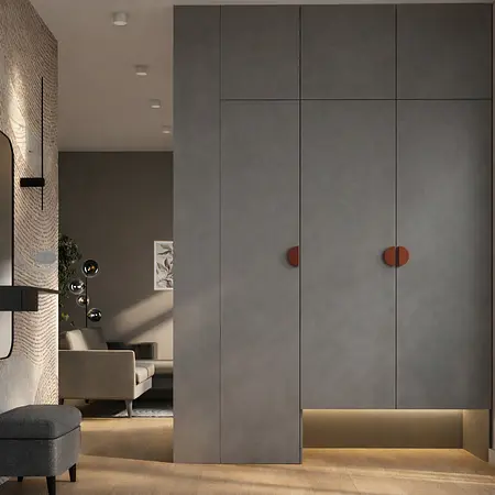 Wnętrze przedpokoju w stylu dopamine decor z minimalistycznym designem.