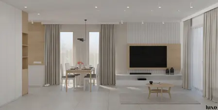 Wnętrze salonu w stylu japandi, minimalistycznym i nowoczesnym z jasnymi zasłonami.