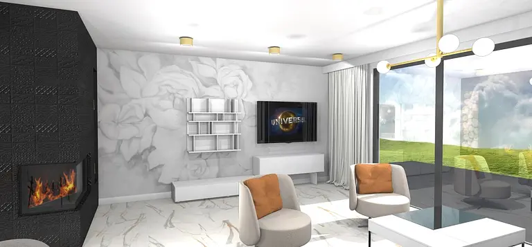 Wnętrze nowoczesnego salonu z elementami art deco, glamour i japandi. Biała sofa, czarna ściana.