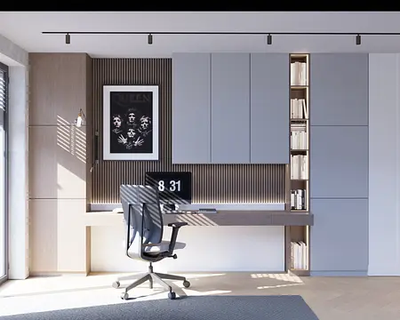 Gabinet w stylu minimalistycznym z nowoczesnymi meblami, soft minimalizm, współczesny wystrój.