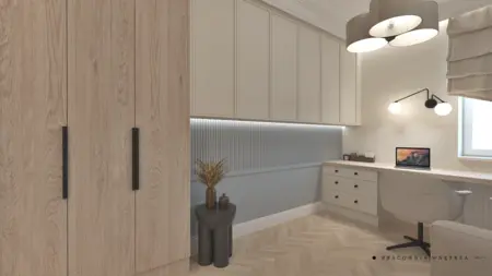 Wnętrze gabinetu z boho i japandi, drewniane meble, minimalistyczne akcenty.