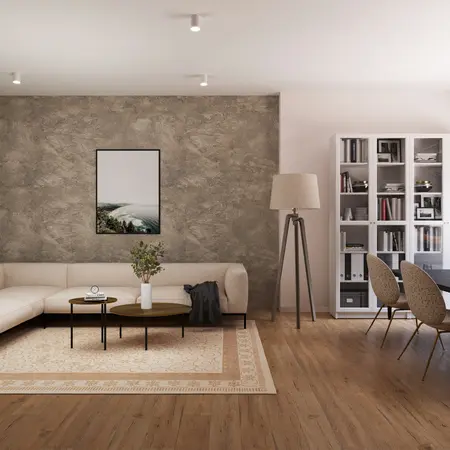 Salon w stylu minimalistycznym z jasną sofą i drewnianymi meblami.