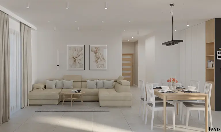 Salón w stylu japandi i minimalistycznym z jasną sofą i drewnianym stołem.