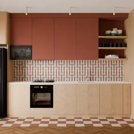 Wnętrze kuchni w stylu vintage z brązowymi meblami i ceramicznymi akcentami.