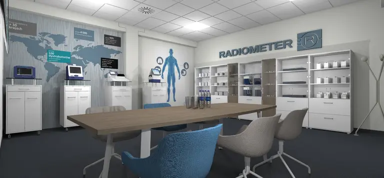 Wnętrze biura z białymi meblami, niebieskimi akcentami, w stylu industrialnym i minimalistycznym.