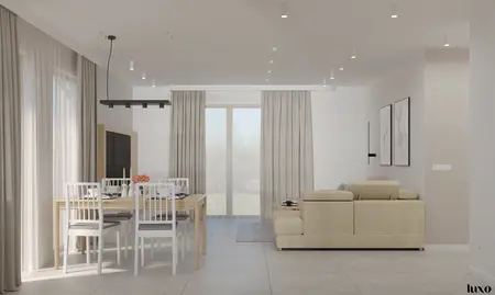 Wnętrze salonu w stylu japandi, minimalistycznym i nowoczesnym z jasnymi meblami.