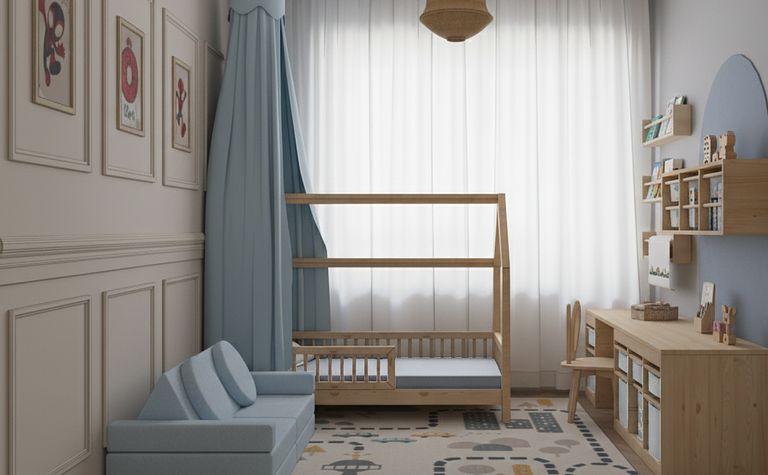 Pokój dziecięcy w stylu boho z drewnianymi meblami i miękkimi akcentami.