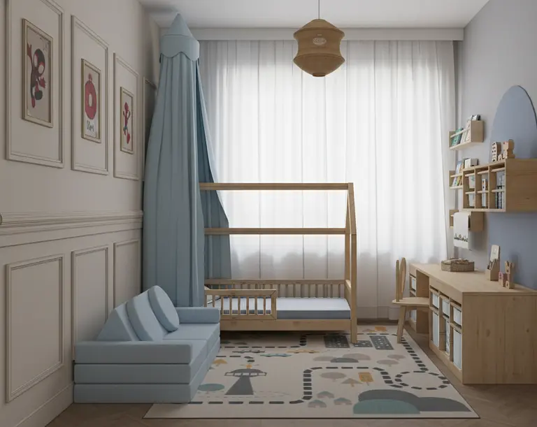 Pokój dziecięcy w stylu boho z drewnianymi meblami i miękkimi akcentami.