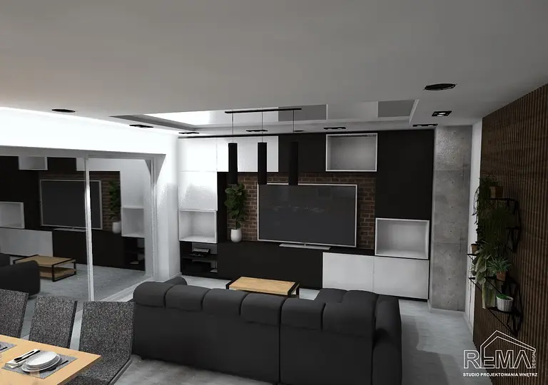 Wnętrze salonu w stylu industrialnym i skandynawskim z czarną sofą i białymi akcentami.