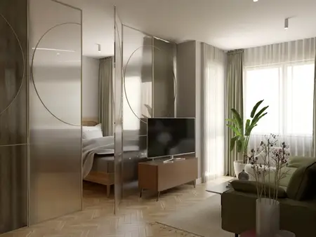 Wnętrze w stylu soft minimalizm z przeszklonymi ściankami i roślinami.