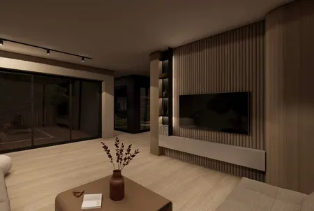 Stylowe wnętrze w stylu japandi z drewnianymi detalami i nowoczesnym wyposażeniem.