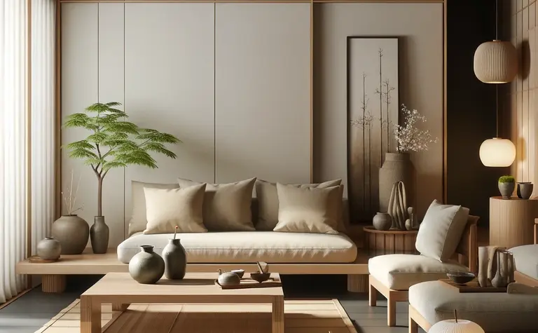 Wnętrze salonu w stylu art deco i boho z beżowymi meblami.