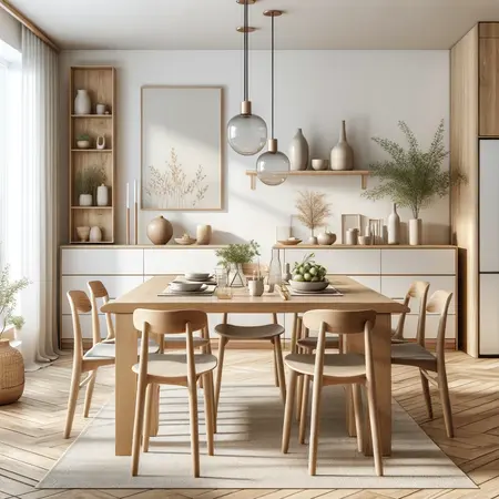 Wnętrze jadalni w stylu art deco i boho z drewnianym stołem i roślinami.