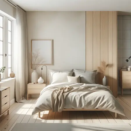 Sypialnia w stylu art deco i boho z beżowym łóżkiem i drewnianymi elementami.