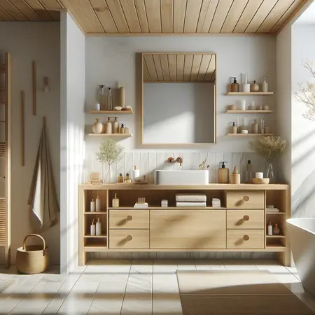 Wnętrze łazienki w stylu art deco i boho z drewnianymi elementami.