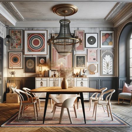 Wnętrze jadalni w stylu art deco i boho z drewnianym stołem i dekoracjami.