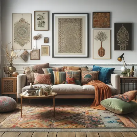 Wnętrze salonu w stylu art deco i boho z kolorowymi poduszkami i obrazami.